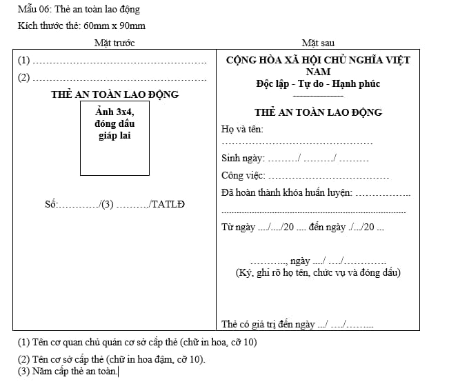 Mẫu thẻ an toàn lao động theo Nghị định 44/2016/NĐ-CP