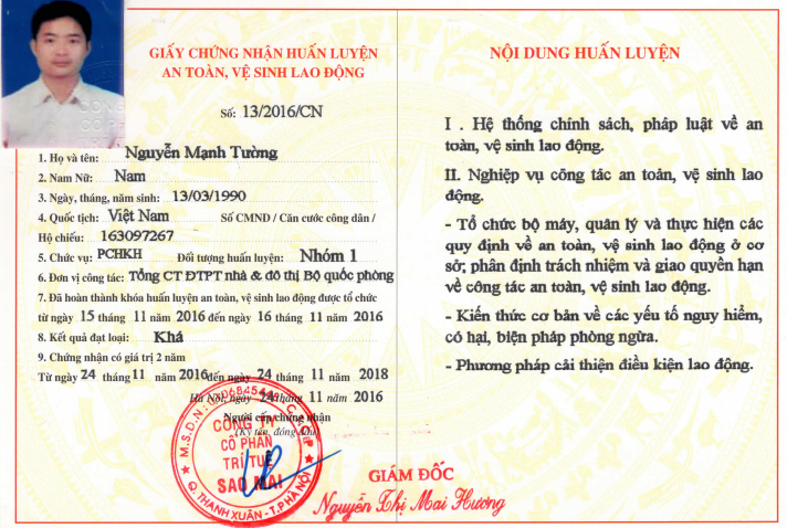 Chứng chỉ an toàn lao động nhóm 1