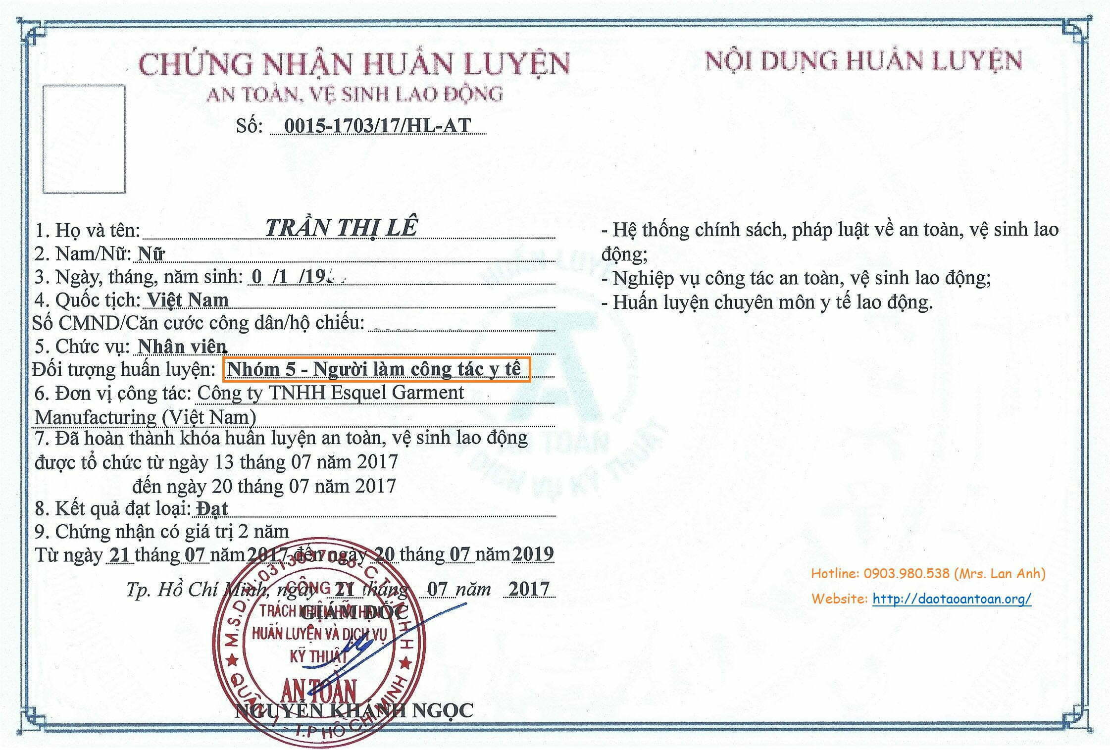 Chứng chỉ an toàn lao động nhóm 5