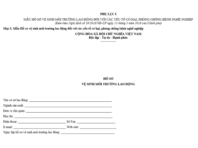 Hồ sơ vệ sinh môi trường lao động
